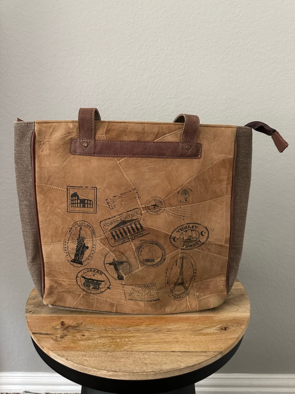 Vaan & Co Suede/ Canvas Travel Stamp Tote Bag